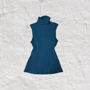 Cable Gauge Sweater Women Sz M Teal Ribbed Sleeveless Turtleneck Top Petite Silk